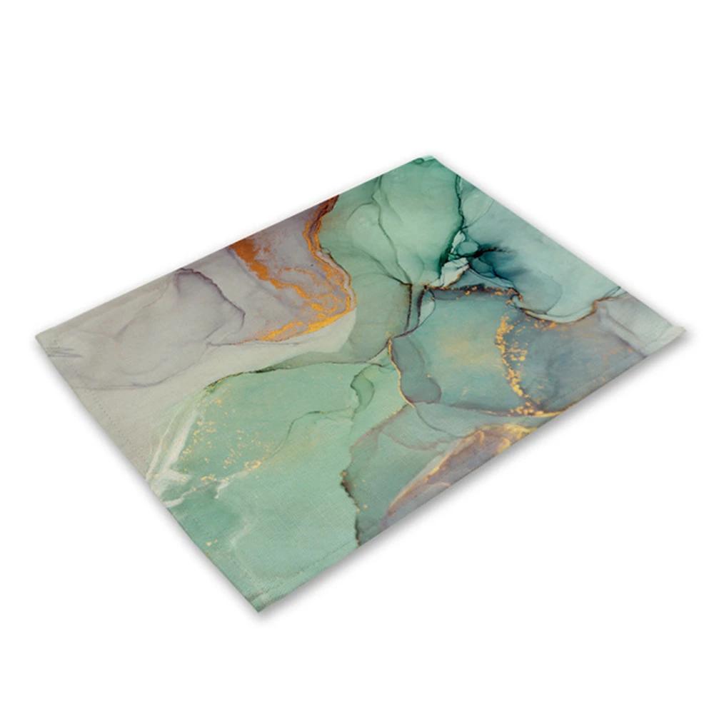 Green Rose Pink Marble Printing Linen Placemat for Dining Table Drink Coaster Home Decor Dining Mat Modern Kitchen Cup Pads