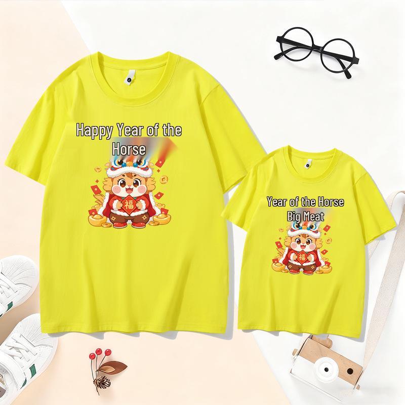 2026 Year of the Horse Red Cotton Family Outfit: Parent-Child Short-Sleeve T-Shirts for Three or Four