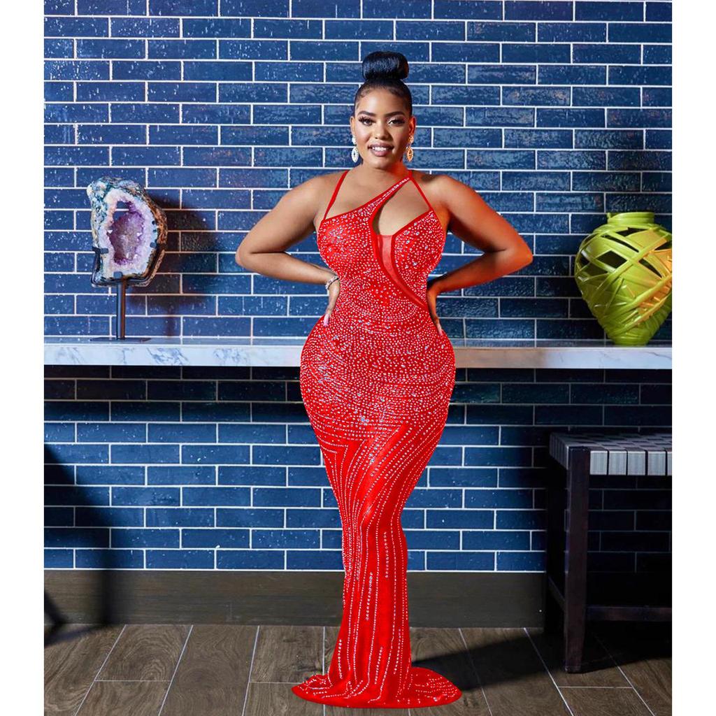 C6075 Women's Fashion Mesh Sleeveless V-Neck Long Dress with Hot Drill Detailing