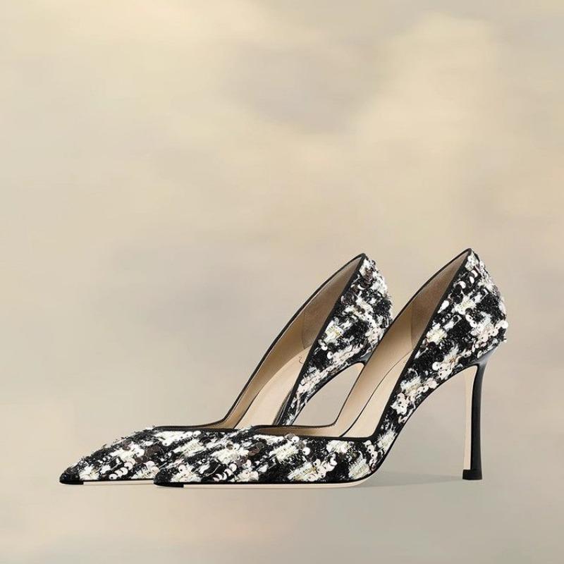 Fashion Spring New High-heeled Women's Fashion Pointy Light Mouth Sequin Cloth Slip-on Slip-on Wear-resistant Fine Heel Shoes