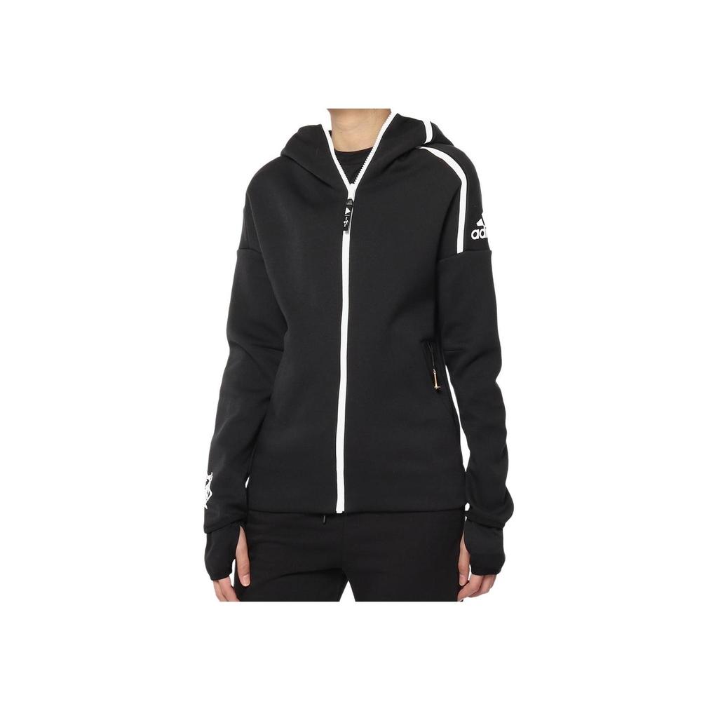 adidas Women's Black Logo Print Long Sleeve Zip Hooded Jacket EA2103