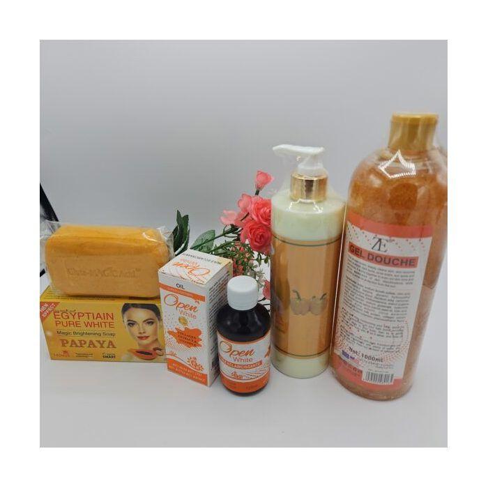 Gamme corporelle Open White – Gel Douche, Huile, Lait Piment Doux &amp; Savon Purec Egyptian Gold Papaya