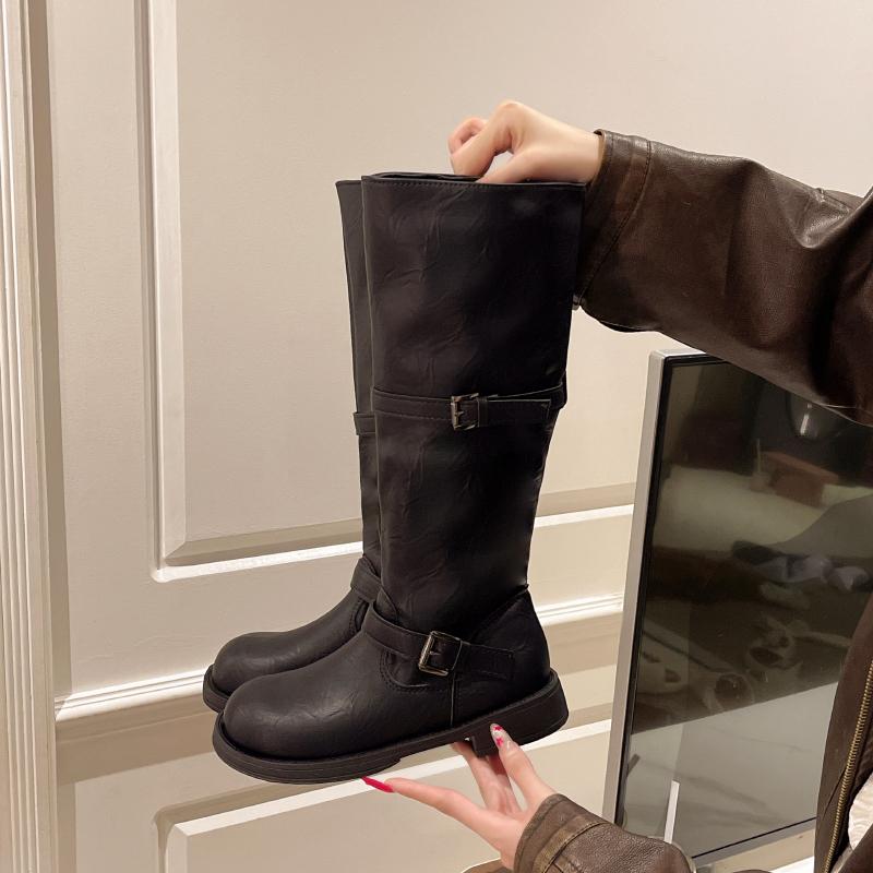 Vintage Belt Buckle Women Knee High Boots Concise Thick Heel Slip On Shoes Autumn Winter Ladies Knight Long Booties