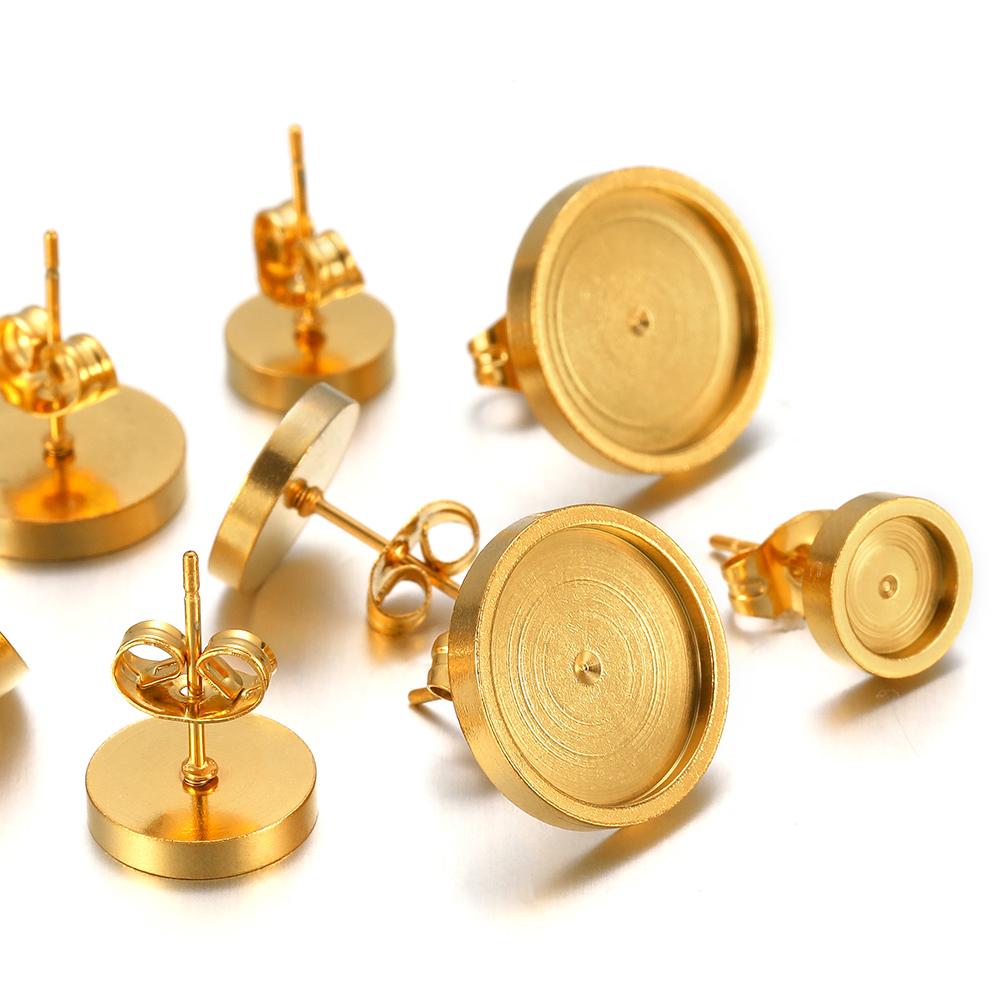 20pcs 6 8 10 12mm Gold Stainless Steel Flat Stud Earring Base Setting Blank Earring Cabochon Tray DIY Jewelry Making Wholesale