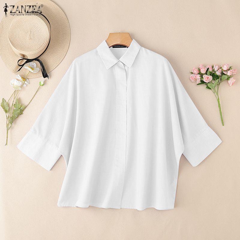 ZANZEA Women Casual Loose Lapel Collar 3/4 Batwing Sleeve Buttons Up Blouse