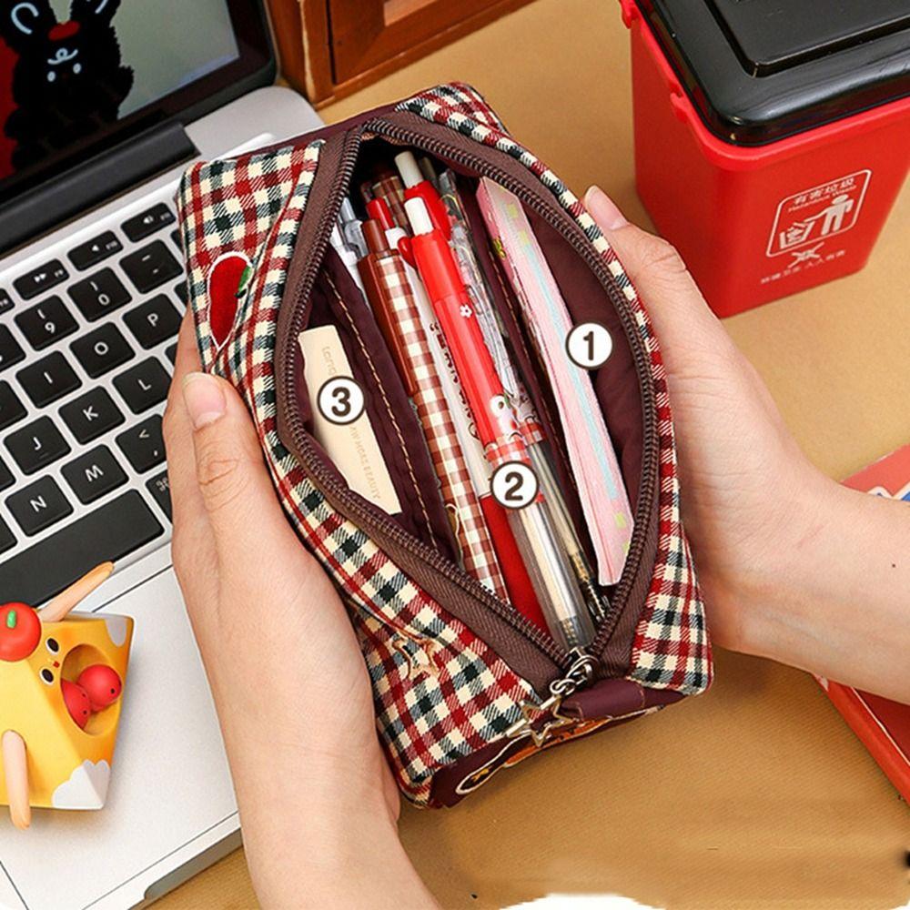 Desk Storage Bag Pencil Case Pouch Cake Roll Plaid Pen Bag  School Office Supply