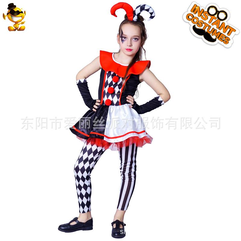 

Children s and women s plaid clown Halloween costumes, devil horn skirts, cosplay party costumes L (10-12 years old, 140-152cm)