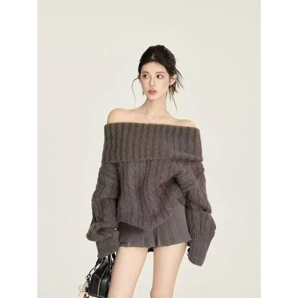 

Зимний Новый Расслабленный Стиль Свитер Твид на Одно Плечо с Длинным Рукавом, Свободный и Универсальный, Утепленный Топ для Женщин one size кофейный