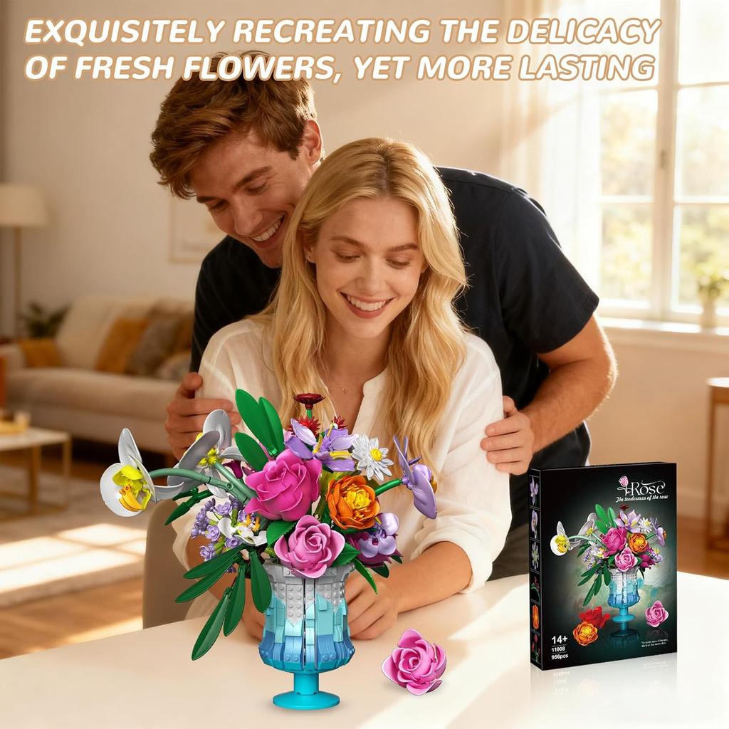 Roses Flowers Bouquet Building Set, Artificial Flore with Vase Compatible with Lego Botanical Collection for Women Adults Home Office Decor