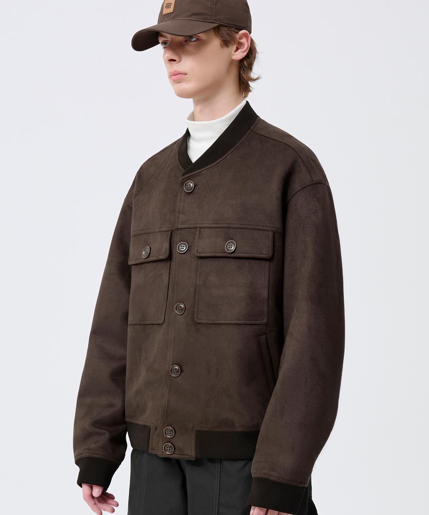 Trillion Two-Pocket Button Suede Bomber Jacket_Brown