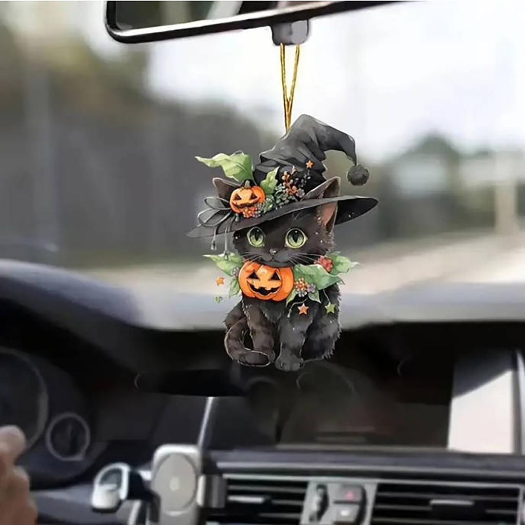 Witch Hat Cat Halloween Decoration Christmas Ornament For Car And Backpack Decoration, Festive Flat Hanging Accessory