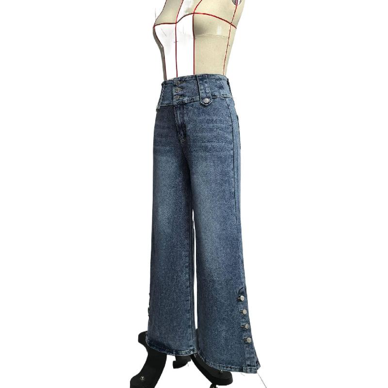2026 Spring/Summer New Women's High-Waisted Vintage Buttoned Denim Wide-Leg Pants with Split Hem