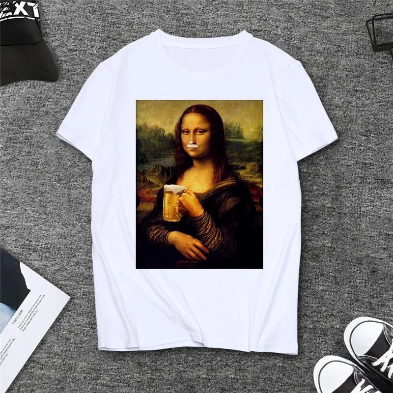 Summer Spoof Mona Lisa Drink Beer Print T Shirts Women Aesthetics Funny Casual Short Sleeves Tops Female Sleeved Harajuku