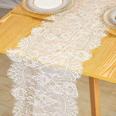 French White Lace Floral Table Runner for Romantic Wedding and Coffee Table Decor