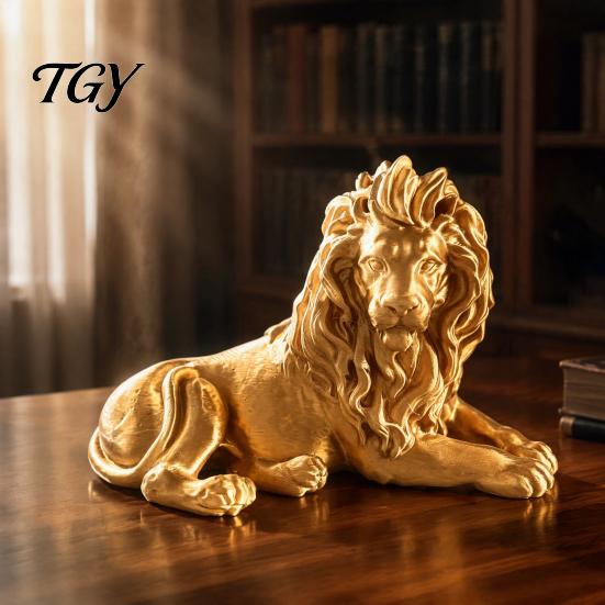 Modern Desktop Ornament Golden Lying Lion Resin Figurine, 3D Printed Recumbent Statue, Sculpture for Office Desk Bookshelf Wine Cabinet Tabletop