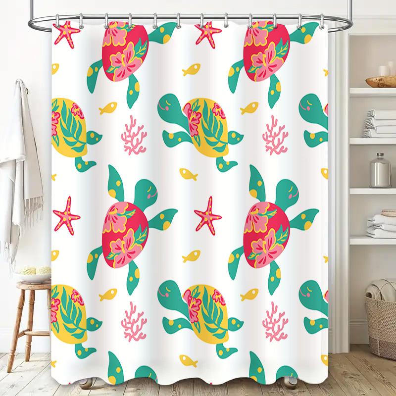 Vibrant Turtle Flower Shower Curtain Tropical Fish Bath Decor Set White Backdrop with Colorful Sea Life Print