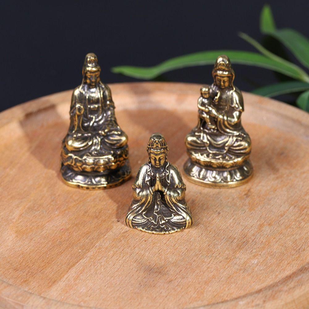 Mini Guanyin Buddha Statue Meditate Brass Buddha Ornament GuanYin Bodhisattva Ornament  Toy Gift