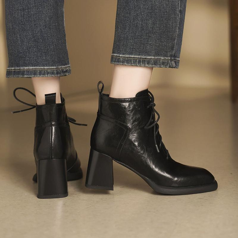 Fashion NEW Autumn Women Boots Split Leather Shoes for Women Square Toe Chunky Heel Shoes Lace-up Modern Boots Soft Handmade Daily Shoes