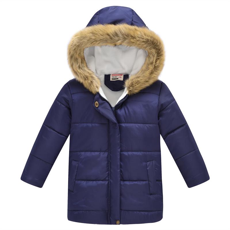 Autumn and Winter Children's Cotton Jacket Boys and Girls Fashion Printing Cartoon Big Boy Long Section Hair Collar Hooded Cotton Coat Jacket
