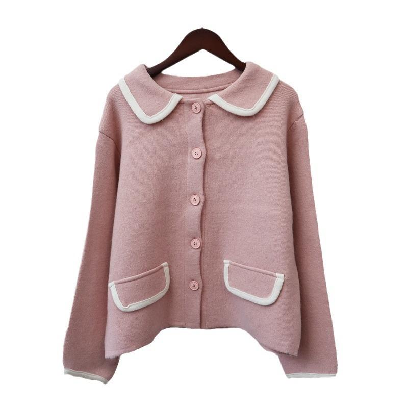 Autumn and Winter New Retro Contrasting Colors Hong Kong Flavor Knitted Cardigan Soft Waxy Design Temperament Loose Sweater Jacket Women