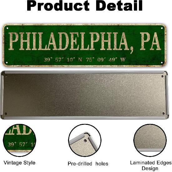 LINStore Philadelphia, PA City Sign Vintage Metal Wall Art Office/Home/Classroom Decor 4” X 16”
