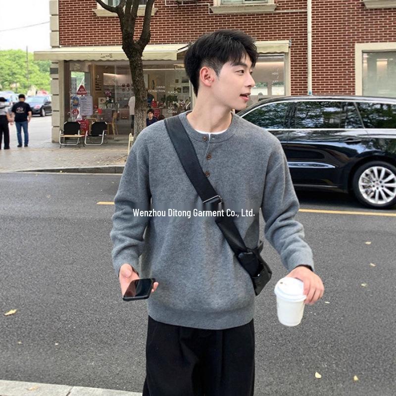 Men s Gray Henley Collar Thick Knit Sweater - Autumn/Winter 2025 Double Extra Large серый