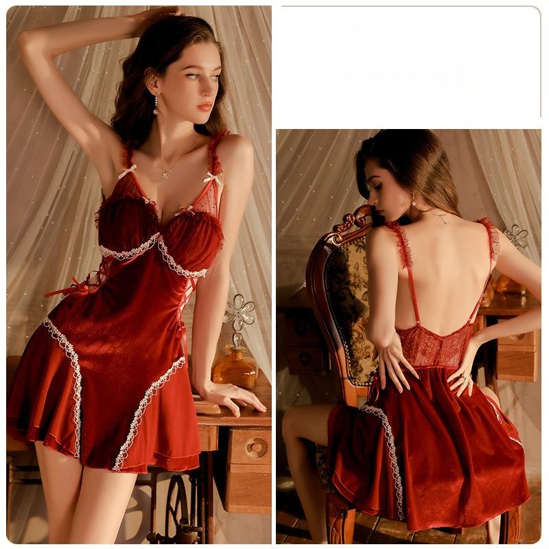 Women’s Sheer Velvet Nightgown Sexy Lace Sleep Dress Deep V Backless Cami Sleepwear