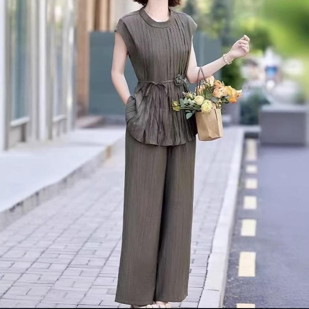 

2026 Summer Sleeveless Loose Top & Wide-Leg Pants Two-Piece Set M (45-54 kg) армия зеленый