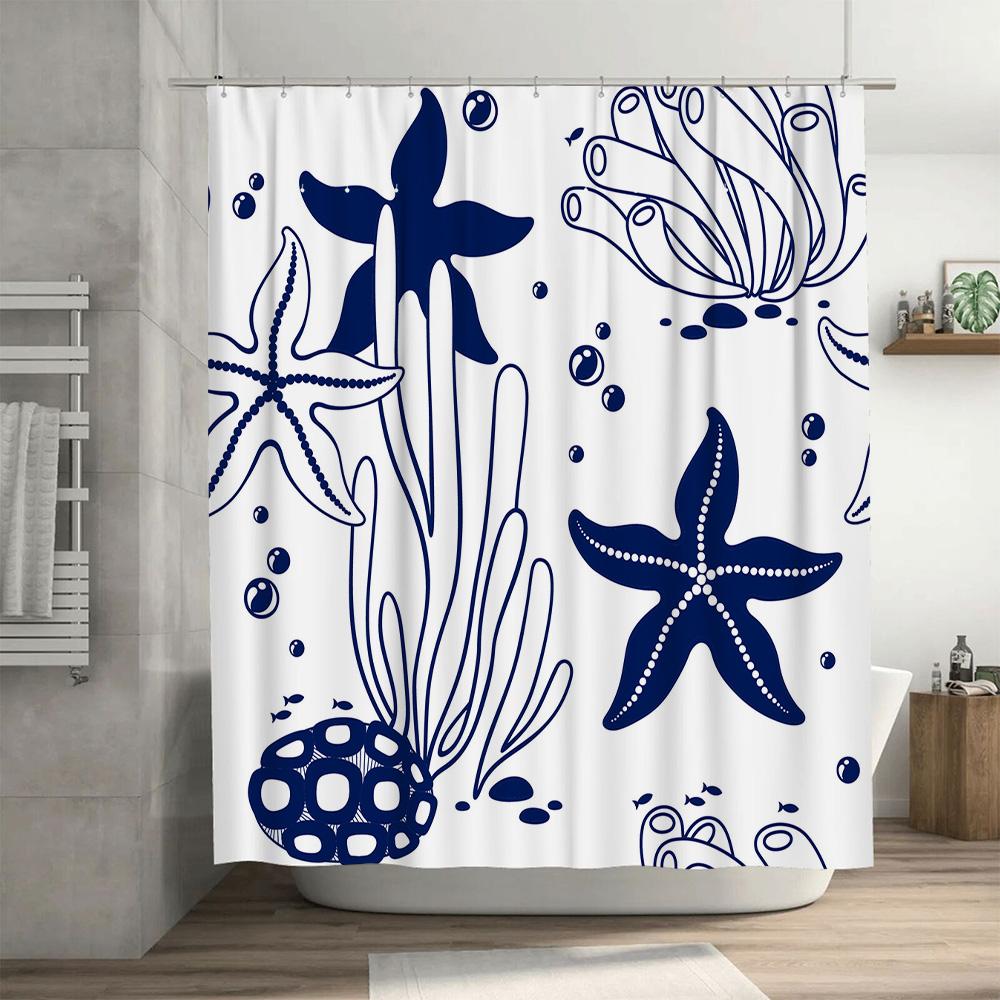 Blue Marine Life Shower Curtain With Starfish Design For Bathroom Decoration White Blue 72 X 84 Inches |