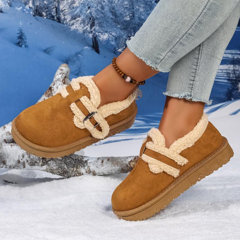 Fashion Soft Thick Bottom Furry Casual Shoes Women 2025 Winter Warm Short Plush Flats Shoes Metal Buckle Non Slip Snow Boots for Woman