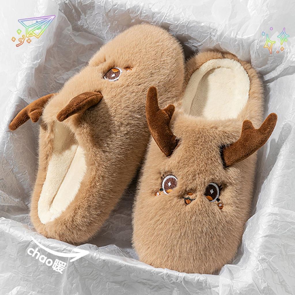 Cute Christmas elk cotton slippers winter 2025 new home couple ins wind non-slip fluffy slippers