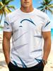 Men'S Digital Print T-Shirt, White Blue Gray Contrast Geometric Line Print Men'S Athletic Trendy Short Sleeve T-Shirt, Abstract Line Decor with Black
