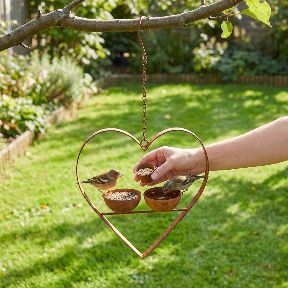 Double Bowl Hanging Bird Feeder Iron Art Bird Feeding Station Heart Shape Bird Feeder  Outdoor Use