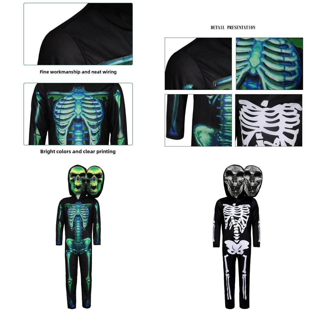 Halloween Doubleheaded Skull Cosplay Costume For Kids Kids Stage Performance Horror Makeup Outfit