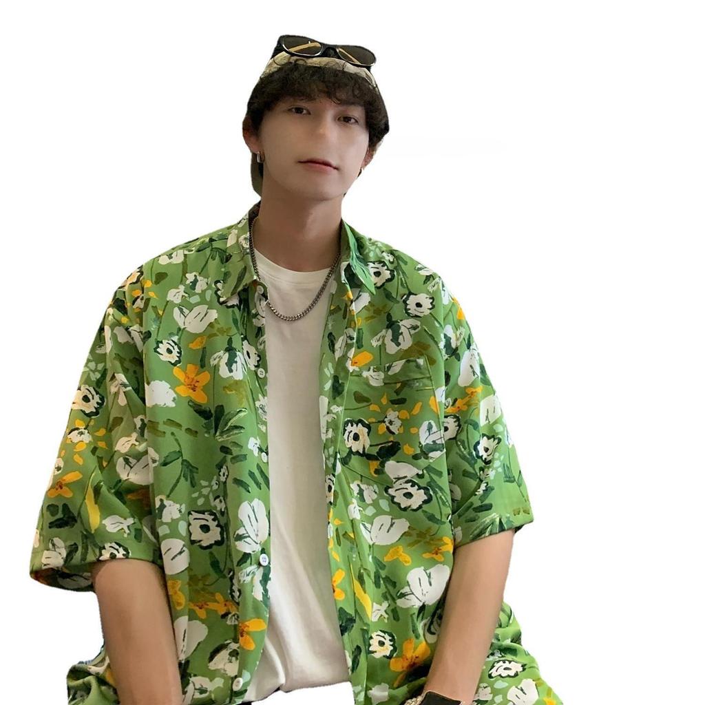 Men's Hawaiian Floral Short-Sleeve Shirt - Trendy, Lightweight, High-End Hong Kong Style Design
