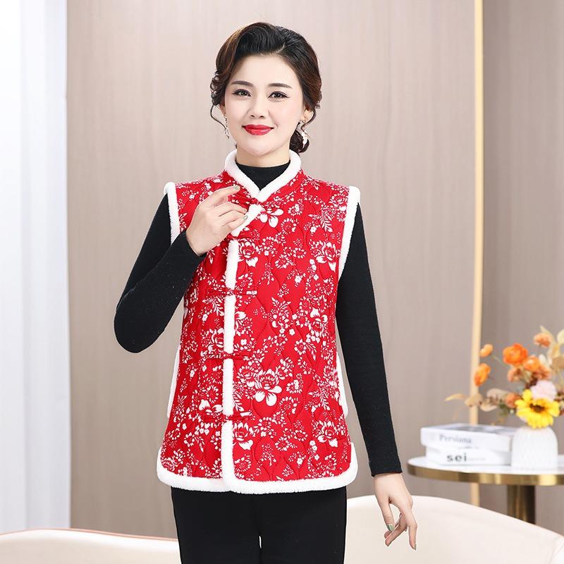 Women's winter thickened large flower padded jacket improved vest disc buckle warm festive vest