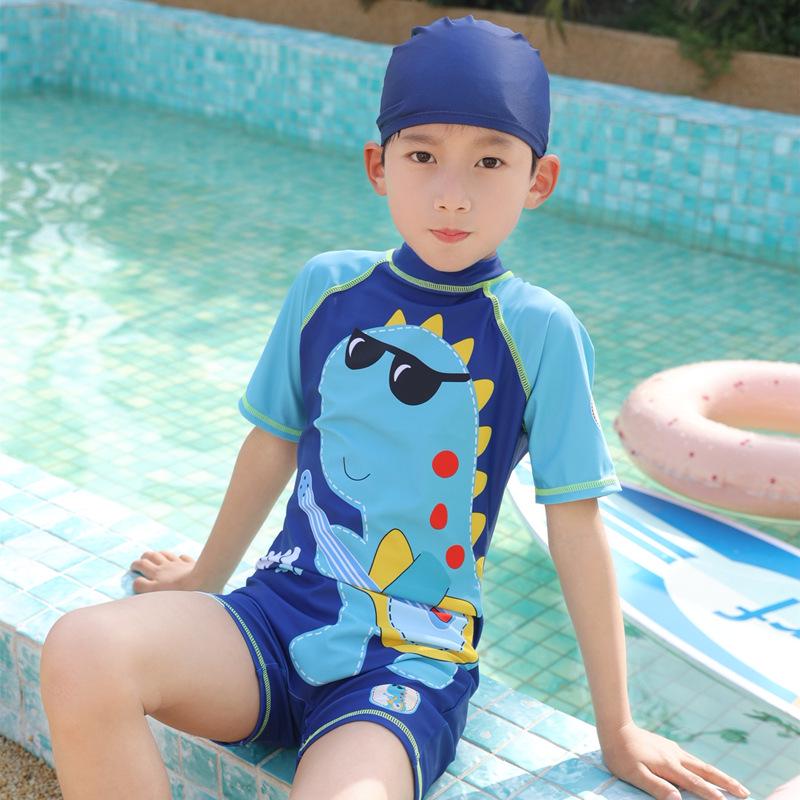 Children's Boys' One-Piece Short-Sleeve Swimsuit: Medium & Large, Quick-Dry, UV Protection