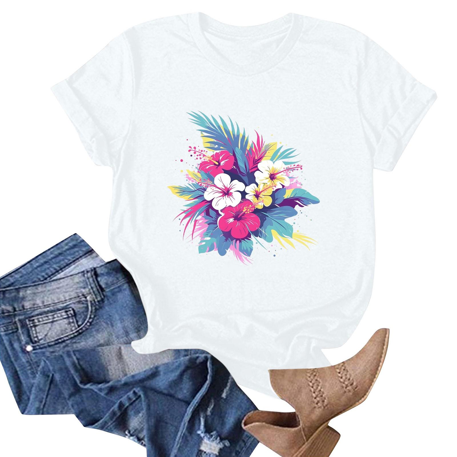 

Женская мода повседневная гавайская футболка с коротким рукавом и принтом, топ, футболка с коротким рукавом L белый