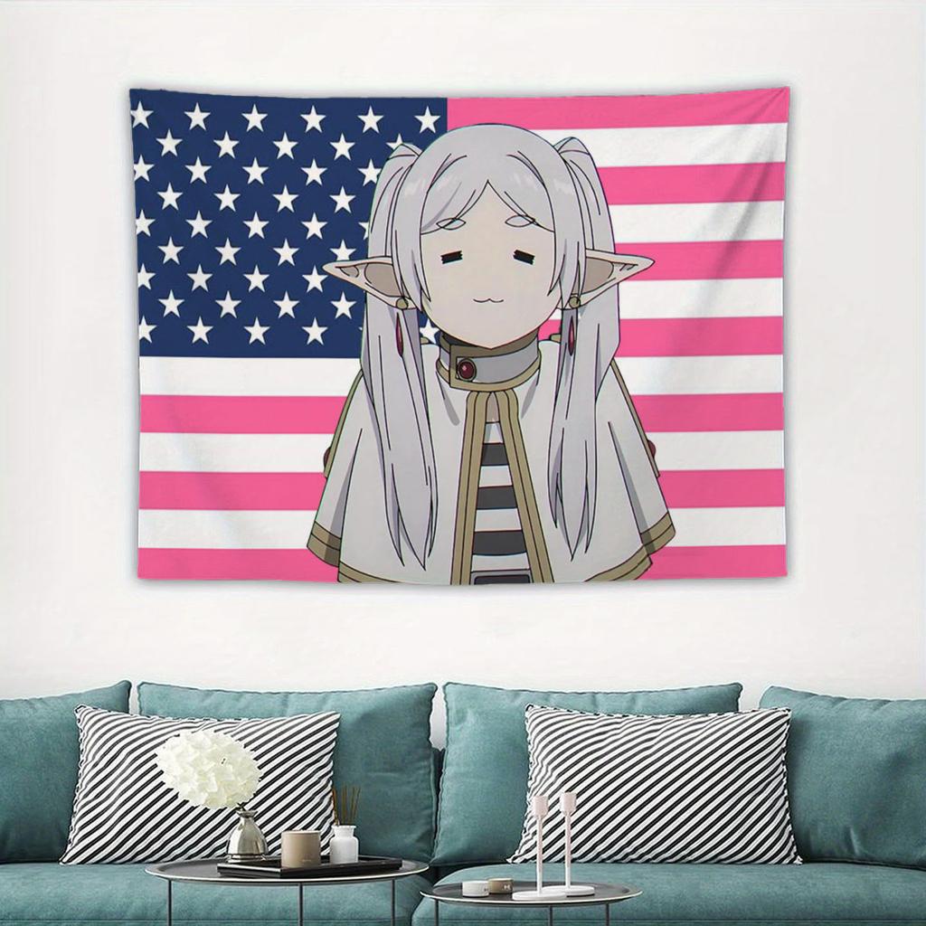 Anime USA Flag Tapestry Elf Character Polyester Wall Hanging for Bedroom Dorm Viral Anime Aesthetic Room Decor