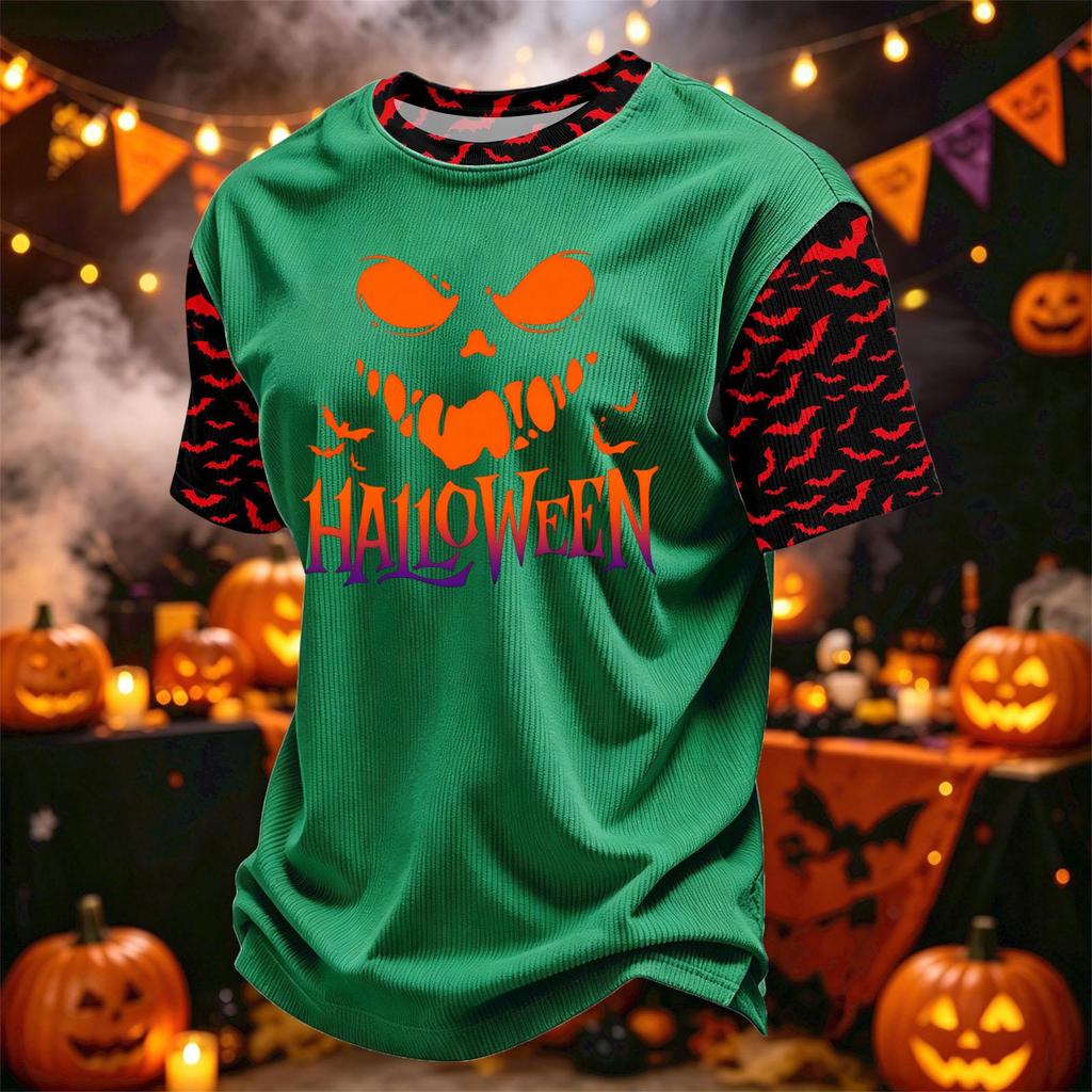 Men's Casual Corduroy Round Neck Lightweight Breathable Short Sleeve Top Halloween Print Lettering Design