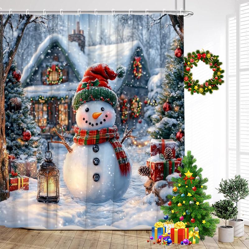 Cute Blue Snowman Shower Curtains Winter Forest Cedar Snow Mountain New Year Christmas Home Bathroom Curtain Decor With Hooks