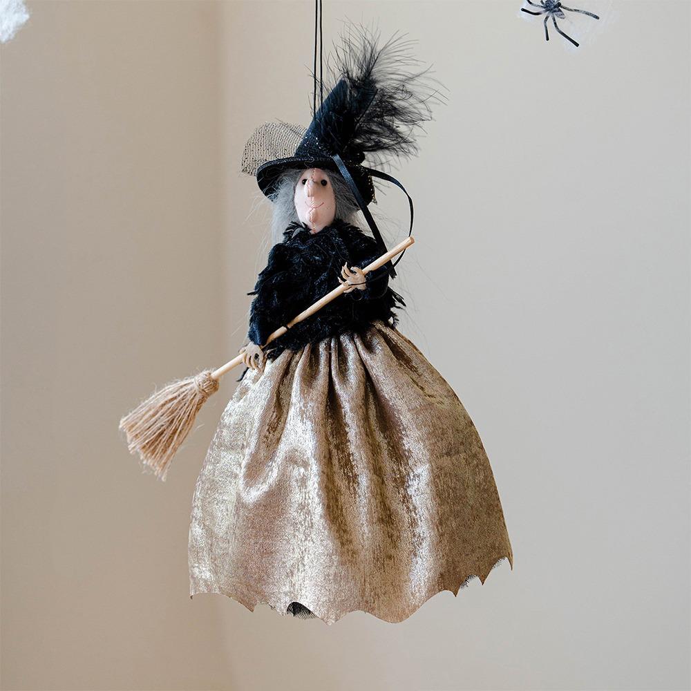 Vintage Feather Halloween Witch Pendant with Broom Cute Apron Witch Pendant Holiday Decor золотой