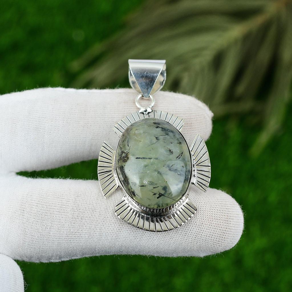 925 Sterling Silver Moss Prehnite Stone Elegant Mother Bezel Artisan New Pendant