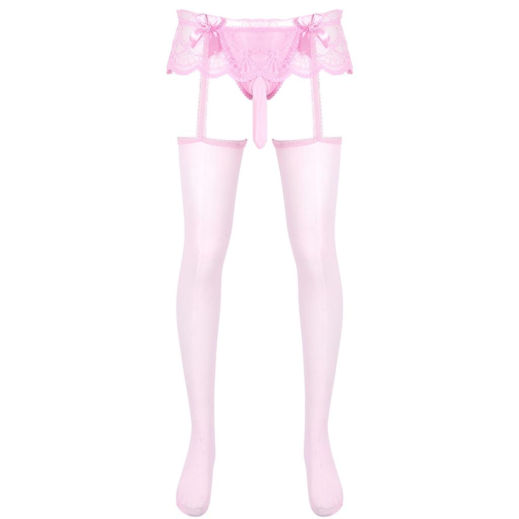 Pánské průsvitné krajkové kalhotky se sukýnkou, vykrojené, s vypouklou kapsou, G-string s lesklými podvazky