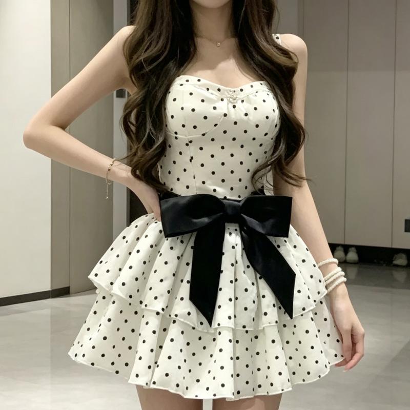Summer Sexy Storm Point Splicing Bow Suspender Dress Women's Small Dress Princess Cake Dress Short Dress