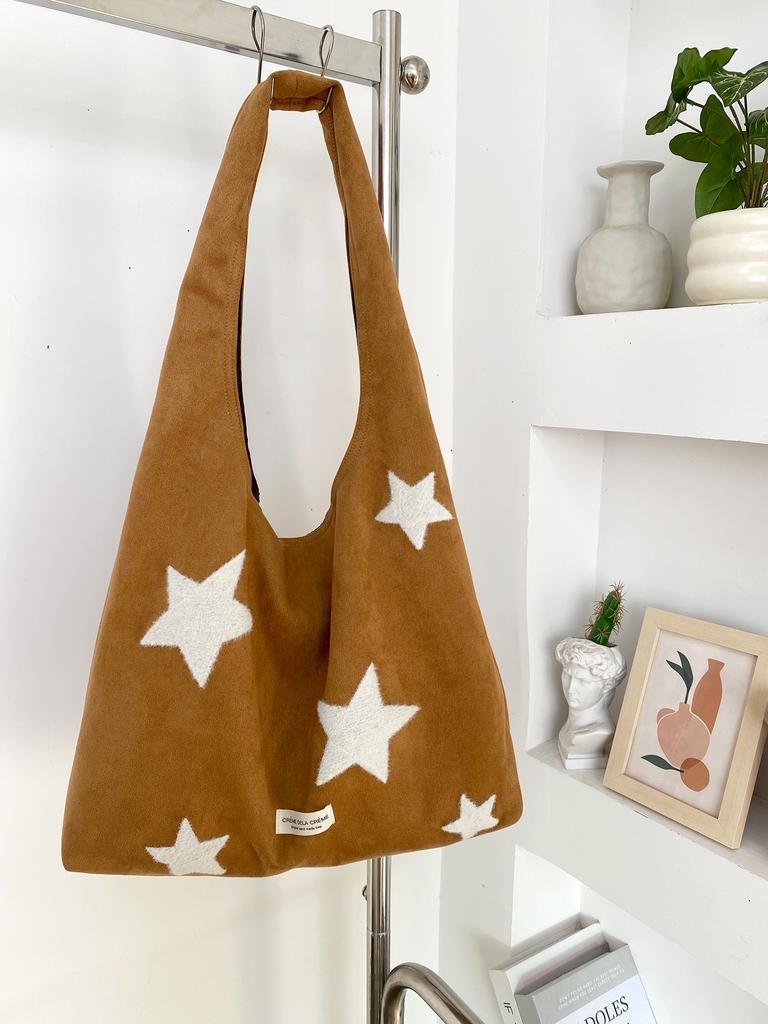 Simple Star Embroidery Faux Suede Women's Shoulder Bags Vintage Versatile Female Handbag Casual Large Capacity Ladies Tote Bag