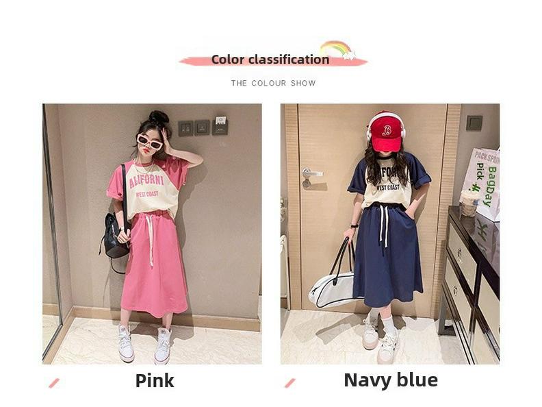Girls' Stylish Korean-Style Summer Two-Piece Set: Short-Sleeved T-Shirt & Skirt