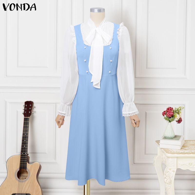 VONDA Elegant Women Long Sleeve Ruffled Bow Knot Patchwork Office Midi Dress