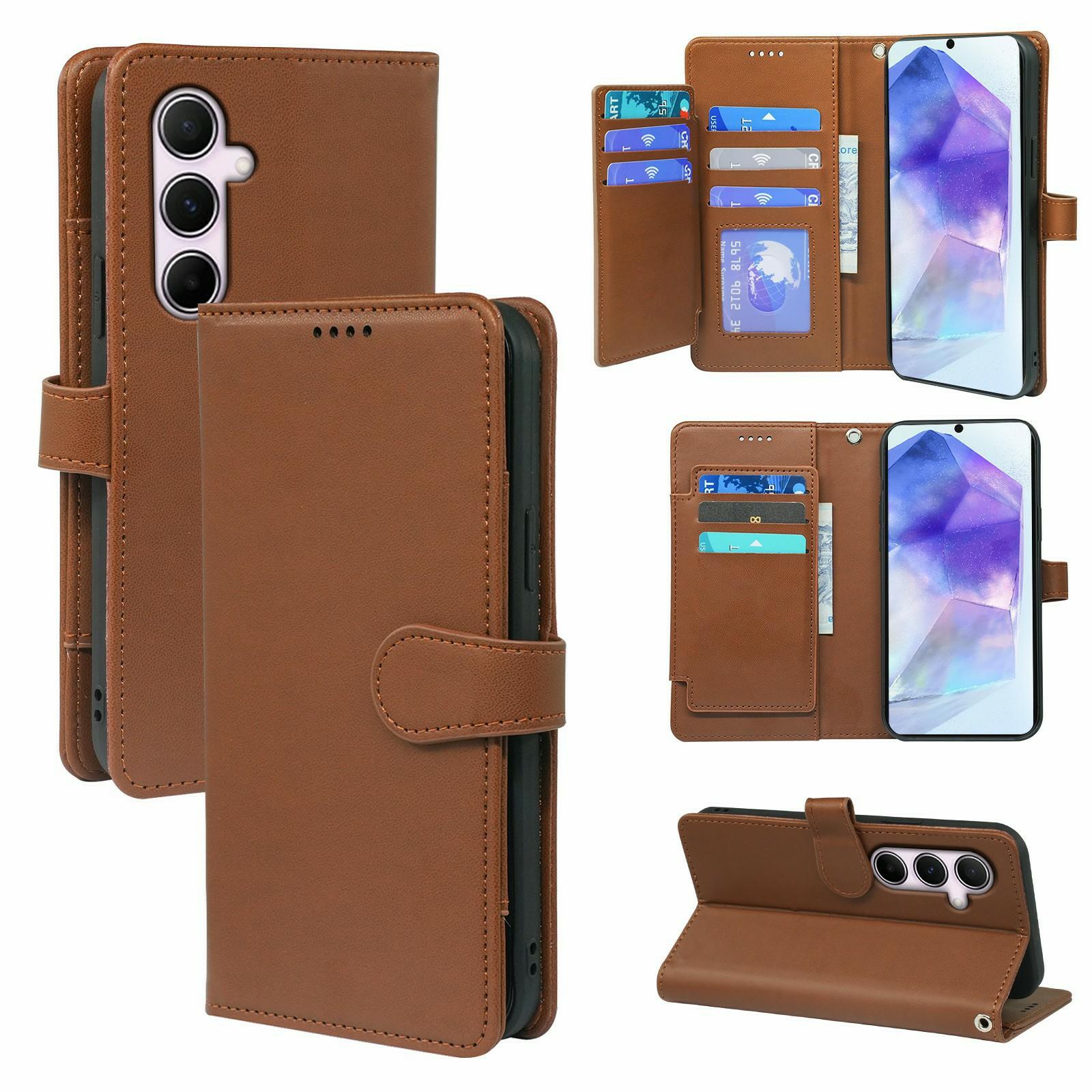 

For Samsung Galaxy A17 Case with 9 Card Slots PU Leather Stand Phone Cover Brown