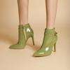 Plus Size Dark Green Metal Rivets Decorated Women's Ankle Boots Patent Leather Belt Buckle Super Stiletto Pointed Toe Shoes